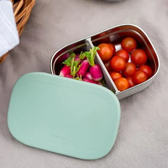Beaba Boîte Repas Enfant Isotherme en Inox Acier Inoxydable, Couvercle en Silicone et Housse de Protection, Gris Velours Vert Sauge