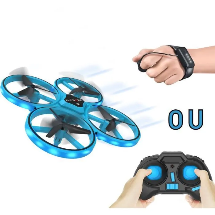 Flybotic Drone Mini Télécommandé avec LEDs, Caméra et Double Télécommande (Classique & Wrist) pour Loopings 360° - Bleu - FLYBOTIC