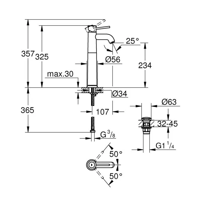 GROHE Start Classic Mitigeur Monocommande Lavabo XL, Chromé, Corps Lisse, Hauteur 234 mm GROHE Start Classic Mitigeur Monocommande Lavabo XL, Chromé, Corps Lisse, Hauteur 234 mm