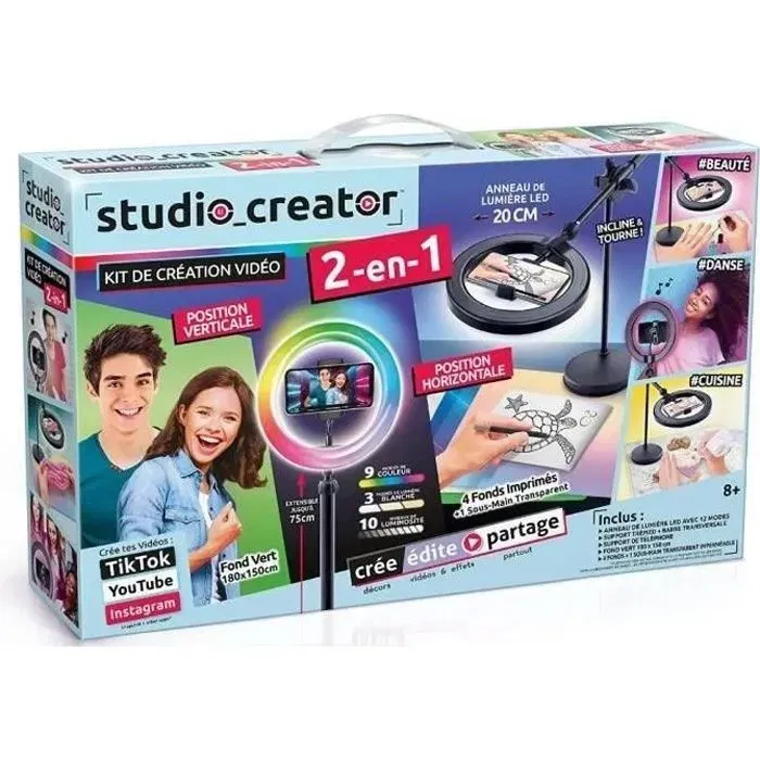 Canal Toys Studio Créateur INF027 - Studio Vidéo 2-en-1 avec anneau lumineux LED multicolore, fond vert XL, trépied réglable, support téléphone pour contenu créatif