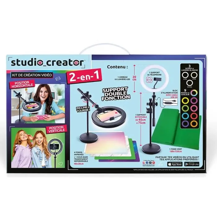 Canal Toys Studio Créateur INF027 - Studio Vidéo 2-en-1 avec anneau lumineux LED multicolore, fond vert XL, trépied réglable, support téléphone pour contenu créatif
