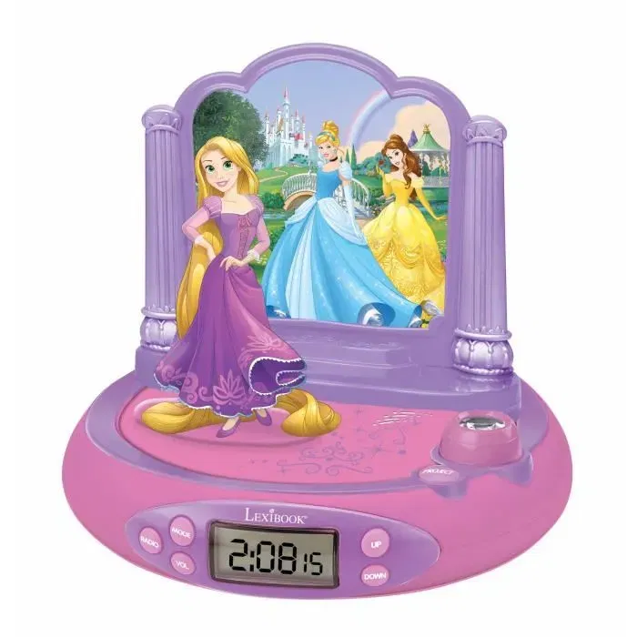 Lexibook Radio Réveil Projecteur avec Figurine Disney Princesses Raiponce, Veilleuse, Projection d'Heure au Plafond, Radio FM, LCD, Alarme Snooze