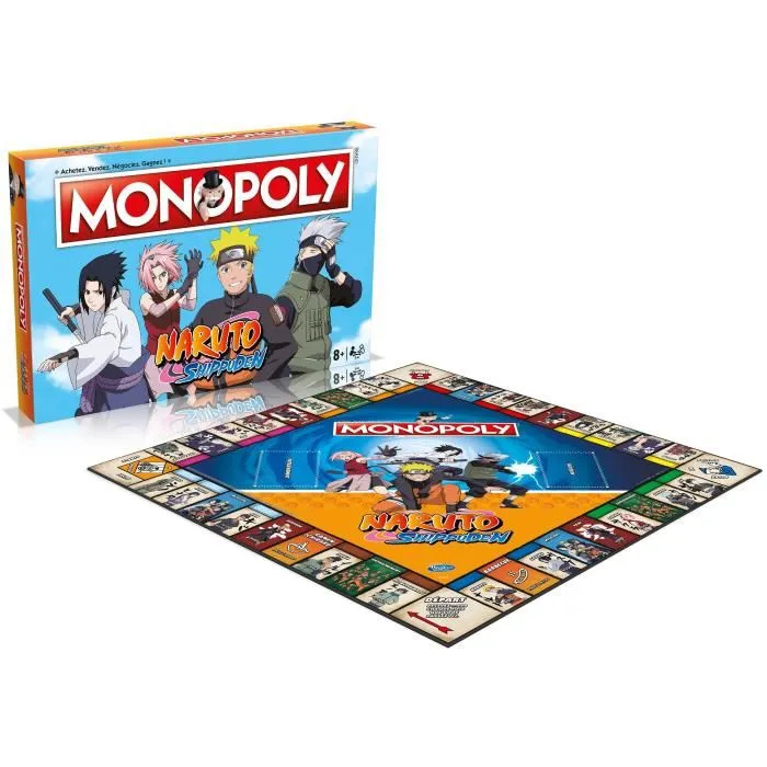 Winning Moves Monopoly Naruto - Jeu de société officiel avec 6 pions métal, plateau personnalisé, règles en français, 2-6 joueurs, dès 8 ans