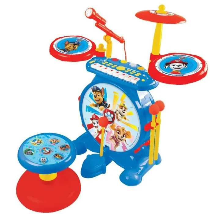 Lexibook PAW Patrol Batterie électronique complète 3-en-1 enfant lumineuse avec clavier, cymbales, tabouret et micro pour jouer et chanter
