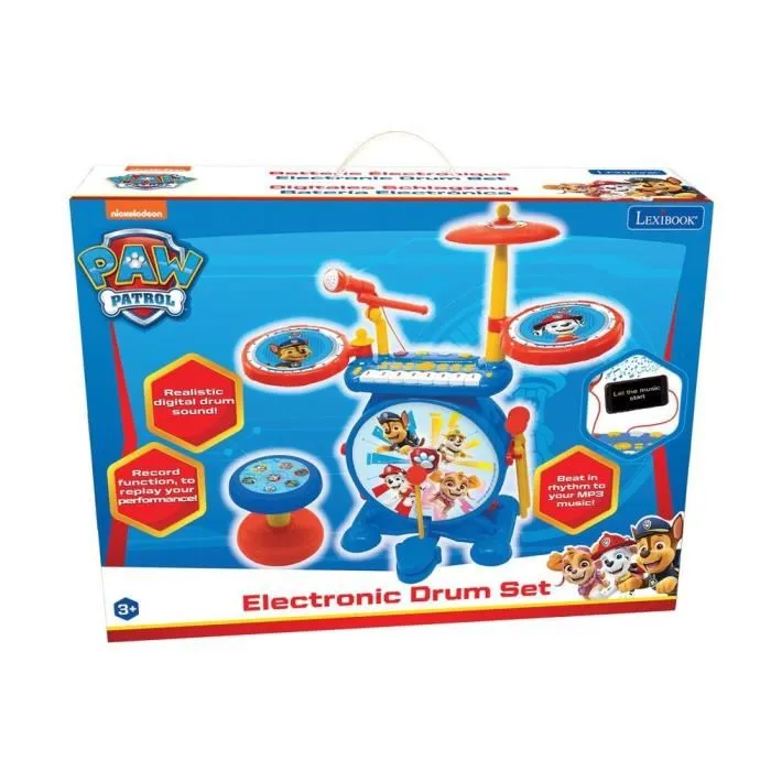 Lexibook PAW Patrol Batterie électronique complète 3-en-1 enfant lumineuse avec clavier, cymbales, tabouret et micro pour jouer et chanter