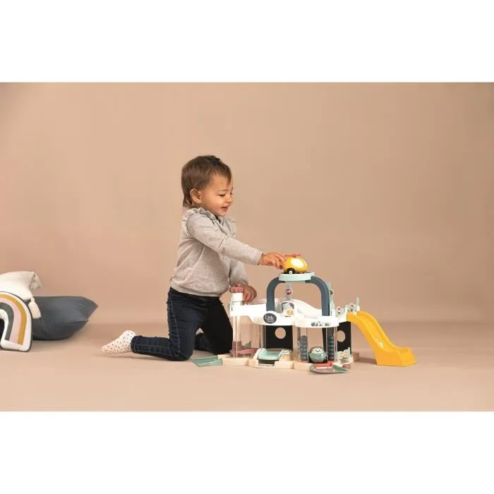 Smoby - Garage Little Premier - Playset pour tout-petits avec ascenseur, station de lavage, pont, heliport, pompe à essence et 1 voiture - Jouet dès 18 mois