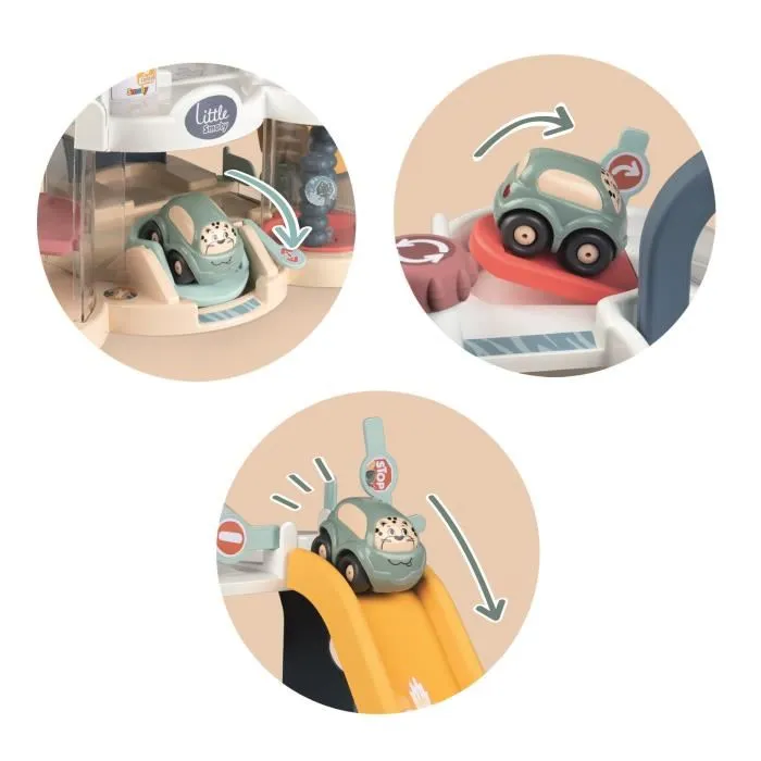 Smoby - Garage Little Premier - Playset pour tout-petits avec ascenseur, station de lavage, pont, heliport, pompe à essence et 1 voiture - Jouet dès 18 mois