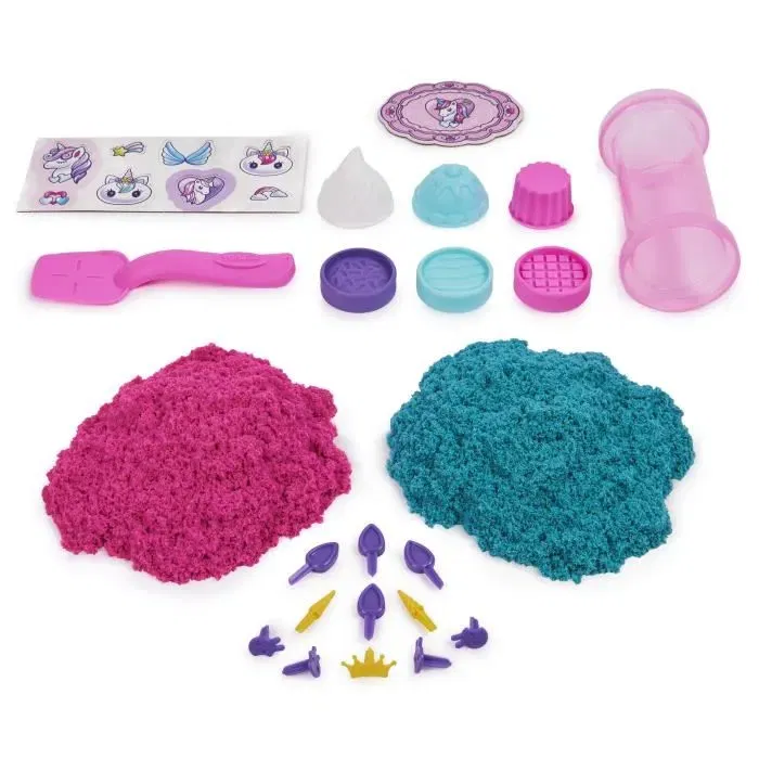 Spin Master Kinetic Sand Coffret Pâtisserie Licorne 453g, Sable Modelable, 3 Moules et 15 Accessoires
