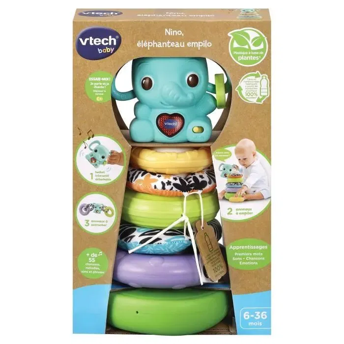 VTech Baby - Play Green - Nino, Éléphanteau Empilo 3 en 1 - Tour d'Éveil en Plastique Bio-Sourcé avec Hochet Électronique et Jeu d'Assemblage VTech Baby - Play Green - Nino, Éléphanteau Empilo 3 en 1 - Tour d'Éveil en Plastique Bio-Sourcé avec Hochet Électronique et Jeu d'Assemblage
