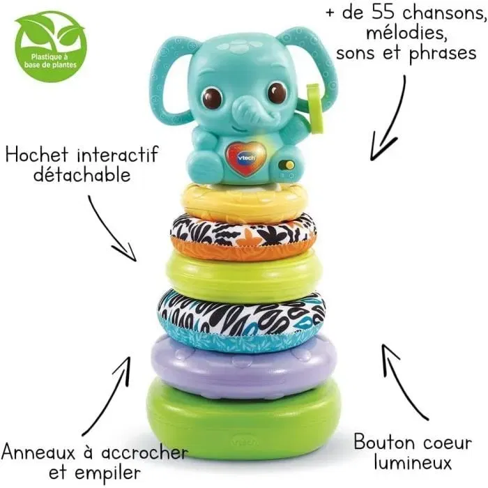 VTech Baby - Play Green - Nino, Éléphanteau Empilo 3 en 1 - Tour d'Éveil en Plastique Bio-Sourcé avec Hochet Électronique et Jeu d'Assemblage VTech Baby - Play Green - Nino, Éléphanteau Empilo 3 en 1 - Tour d'Éveil en Plastique Bio-Sourcé avec Hochet Électronique et Jeu d'Assemblage