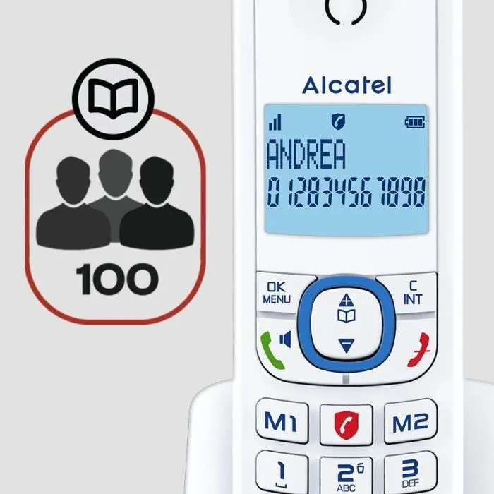Alcatel F530 Voice - Téléphone sans fil avec répondeur, blocage d'appels, mains libres, 2 mémoires directes, écran rétroéclairé, 100 contacts, Blanc/Bleu Alcatel F530 Voice - Téléphone sans fil avec répondeur, blocage d'appels, mains libres, 2 mémoires directes, écran rétroéclairé, 100 contacts, Blanc/Bleu