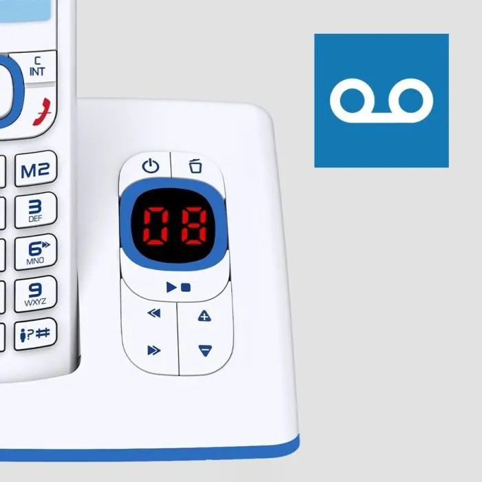 Alcatel F530 Voice - Téléphone sans fil avec répondeur, blocage d'appels, mains libres, 2 mémoires directes, écran rétroéclairé, 100 contacts, Blanc/Bleu Alcatel F530 Voice - Téléphone sans fil avec répondeur, blocage d'appels, mains libres, 2 mémoires directes, écran rétroéclairé, 100 contacts, Blanc/Bleu