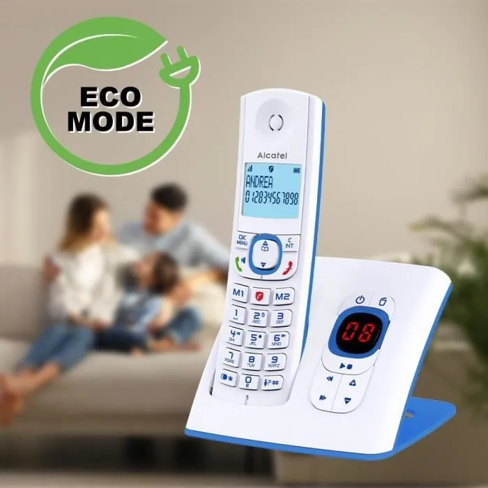 Alcatel F530 Voice - Téléphone sans fil avec répondeur, blocage d'appels, mains libres, 2 mémoires directes, écran rétroéclairé, 100 contacts, Blanc/Bleu Alcatel F530 Voice - Téléphone sans fil avec répondeur, blocage d'appels, mains libres, 2 mémoires directes, écran rétroéclairé, 100 contacts, Blanc/Bleu