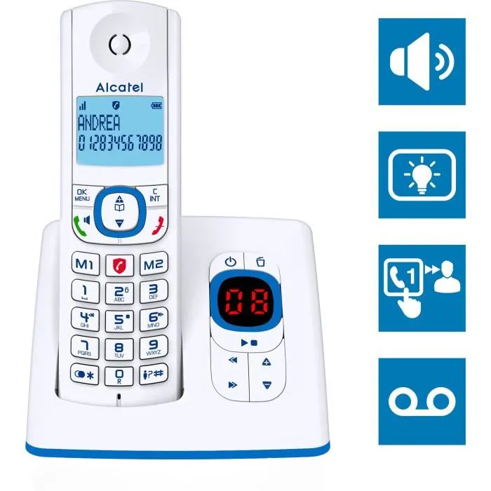 Alcatel F530 Voice - Téléphone sans fil avec répondeur, blocage d'appels, mains libres, 2 mémoires directes, écran rétroéclairé, 100 contacts, Blanc/Bleu Alcatel F530 Voice - Téléphone sans fil avec répondeur, blocage d'appels, mains libres, 2 mémoires directes, écran rétroéclairé, 100 contacts, Blanc/Bleu