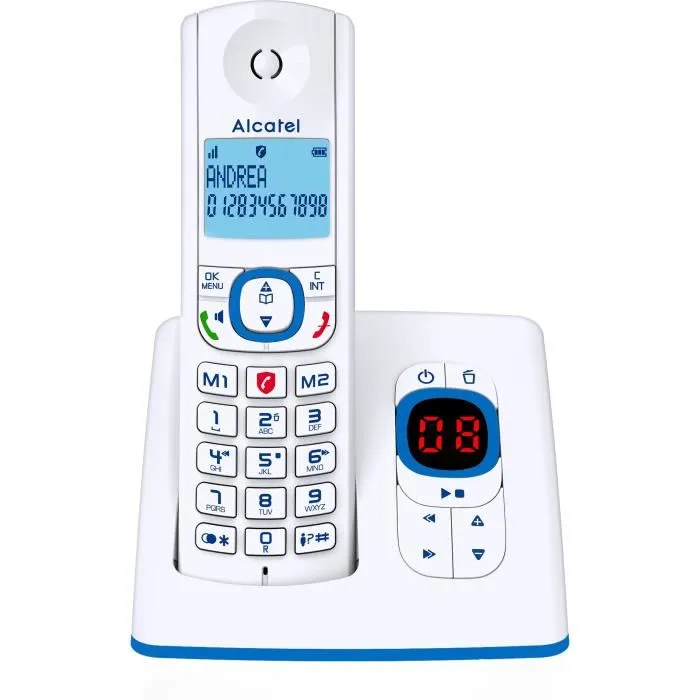 Alcatel F530 Voice - Téléphone sans fil avec répondeur, blocage d'appels, mains libres, 2 mémoires directes, écran rétroéclairé, 100 contacts, Blanc/Bleu Alcatel F530 Voice - Téléphone sans fil avec répondeur, blocage d'appels, mains libres, 2 mémoires directes, écran rétroéclairé, 100 contacts, Blanc/Bleu