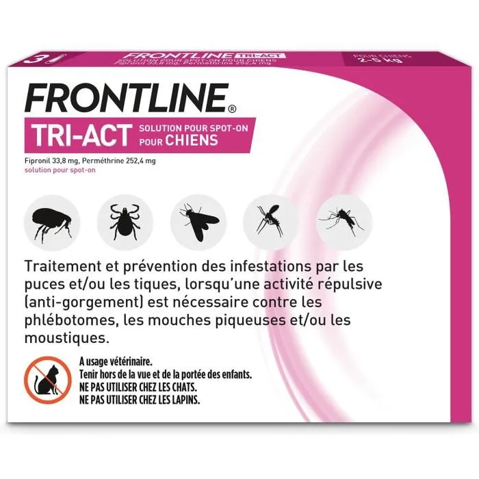 Frontline Tri-Act Pipettes Anti-puces Anti-tiques pour Chien Taille S (5-10 kg) - Lot de 3 - Traitement 1 Mois