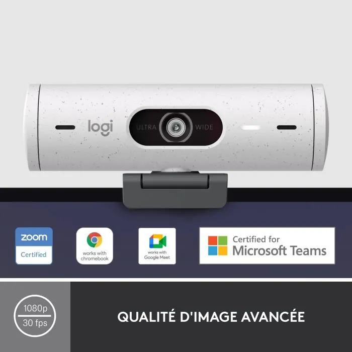 Logitech Brio 500 Webcam Full HD 1080p - Microphone intégré, Cadrage automatique, Compatible Teams/Zoom/Meet, Blanc