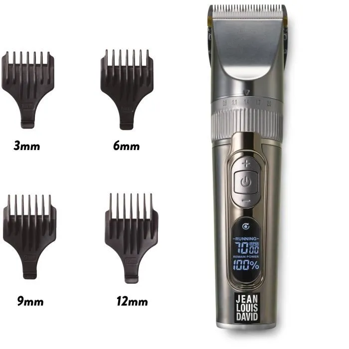 Jean Louis David Tondeuse Barbe et Cheveux 2 en 1 Digital Clipper avec 25 Hauteurs de Coupe (0.8-12 mm), Lames Acier, Revêtement Titanium, Batterie Lithium Ion (3h30 Autonomie, USB)