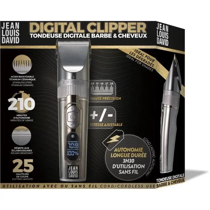 Jean Louis David Tondeuse Barbe et Cheveux 2 en 1 Digital Clipper avec 25 Hauteurs de Coupe (0.8-12 mm), Lames Acier, Revêtement Titanium, Batterie Lithium Ion (3h30 Autonomie, USB)