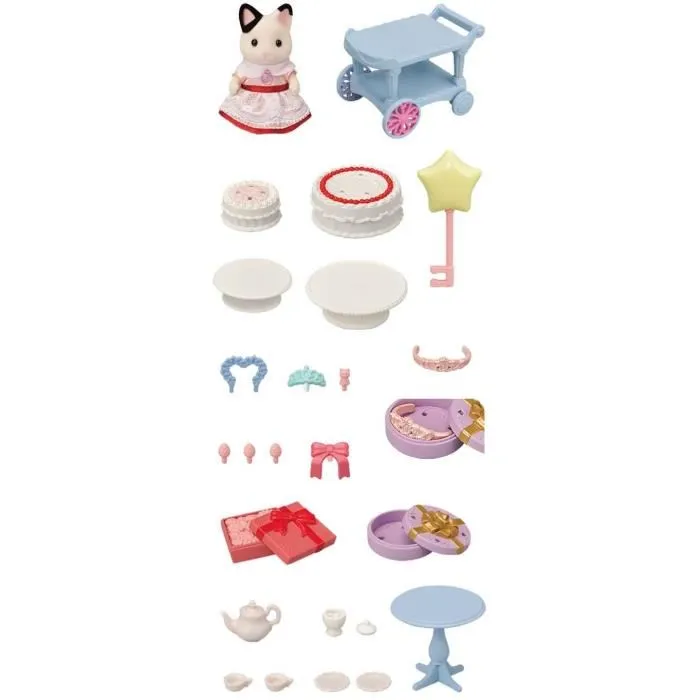 Sylvanian Families Figurine miniature 5646 - Fille chat bicolore et son goûter d'anniversaire, 25 accessoires, jouet pour enfant dès 3 ans, garantie 2 ans
