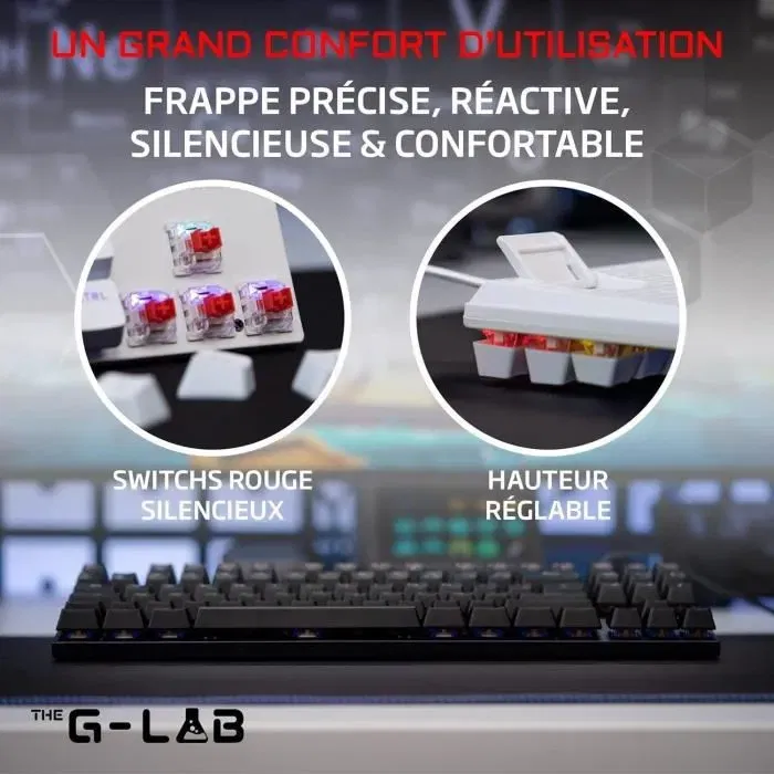 Clavier Gamer Mécanique The G-Lab KEYZ MERCURY TKL, Switches Rouge, Rétroéclairage RGB, Format Compact, Noir AZERTY pour PC, PS4, PS5, Xbox