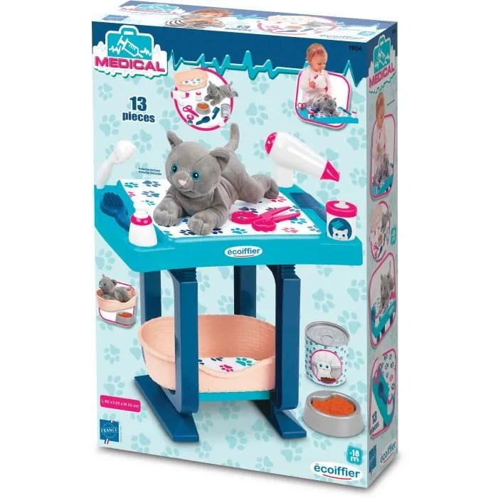 Ecoiffier Table de Toilettage Pour Chaton Peluche Bleue - Peluche Chat, Panier, Douchette, Sèche-Cheveux et Accessoires, Jeu d'Imitations Dès 18 Mois