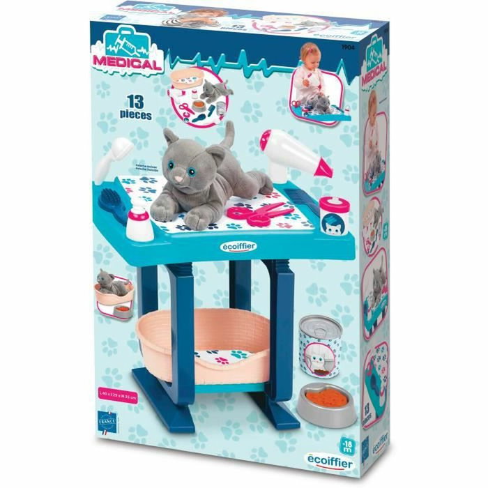 Ecoiffier Table de toilettage Bleu avec peluche chat et 13 accessoires