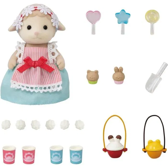 Sylvanian Families - Figurine miniature La maman mouton et son stand de popcorn avec tricycle et poignée rotative - Set de jeu