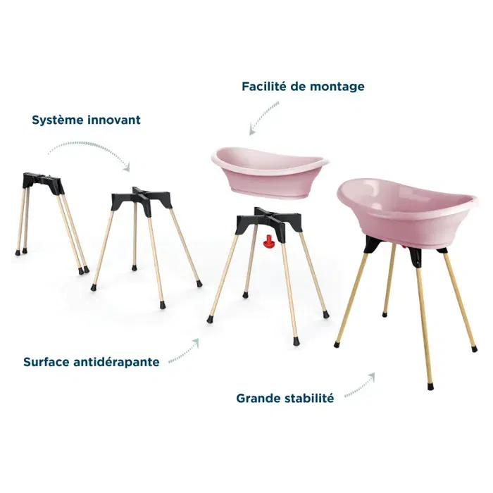 Thermobaby Pack baignoire bébé VASCO 5 en 1 Rose poudre - Baignoire, pied, tuyau, transat Babycoon, thermomètre de bain - Design moderne - Fabriqué en France