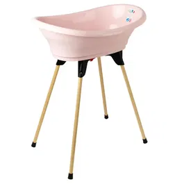 Thermobaby Pack baignoire bébé VASCO 5 en 1 Rose poudre - Baignoire, pied, tuyau, transat Babycoon, thermomètre de bain - Design moderne - Fabriqué en France