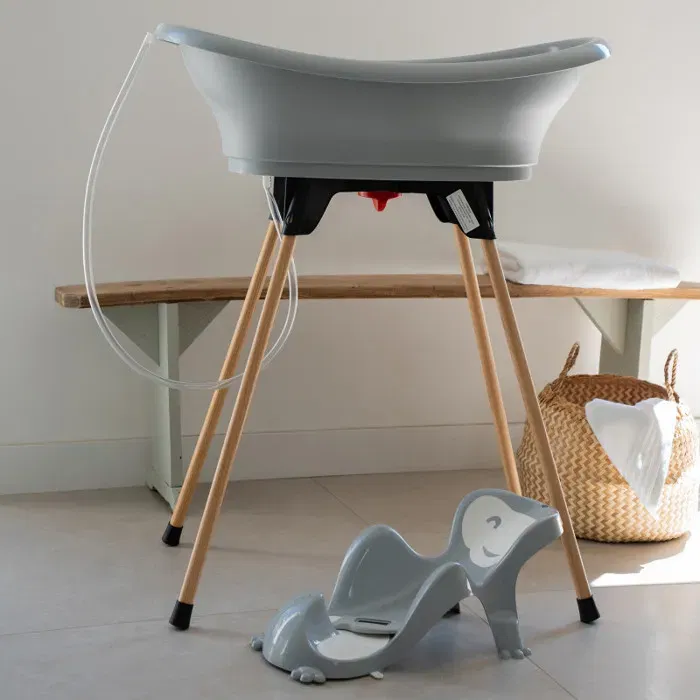 Thermobaby Pack baignoire bébé VASCO 5 en 1 Rose poudre - Baignoire, pied, tuyau, transat Babycoon, thermomètre de bain - Design moderne - Fabriqué en France