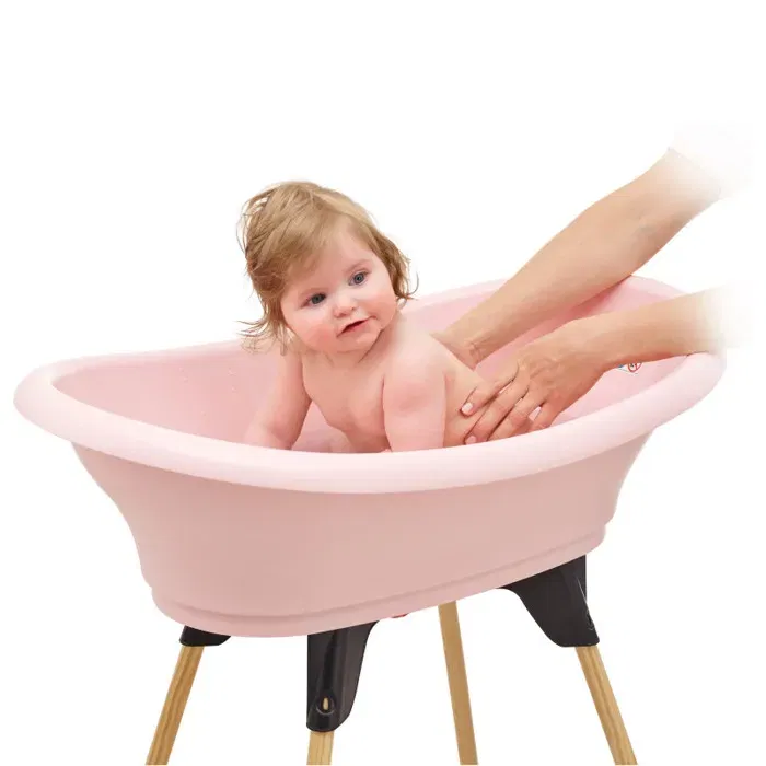 Thermobaby Pack baignoire bébé VASCO 5 en 1 Rose poudre - Baignoire, pied, tuyau, transat Babycoon, thermomètre de bain - Design moderne - Fabriqué en France