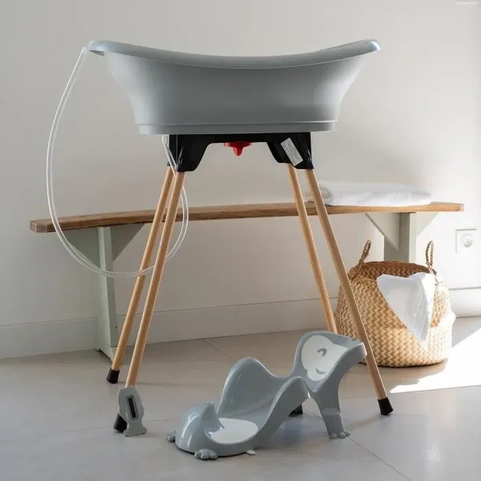 Thermobaby Pack Baignoire VASCO 5 en 1 avec Transat et Thermomètre - Baignoire Rigide Bleue pour Bébé dès la Naissance - Fabriqué en France