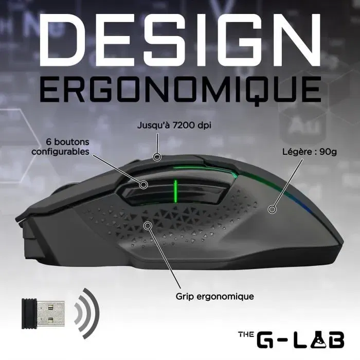 The G-Lab Souris Gaming Sans Fil KULT CEASIUM, 7200 DPI, Rétroéclairage RGB, Ergonomique, Noir The G-Lab Souris Gaming Sans Fil KULT CEASIUM, 7200 DPI, Rétroéclairage RGB, Ergonomique, Noir
