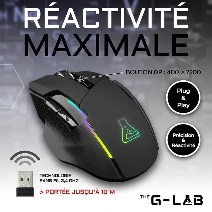 The G-Lab Souris Gaming Sans Fil KULT CEASIUM, 7200 DPI, Rétroéclairage RGB, Ergonomique, Noir The G-Lab Souris Gaming Sans Fil KULT CEASIUM, 7200 DPI, Rétroéclairage RGB, Ergonomique, Noir
