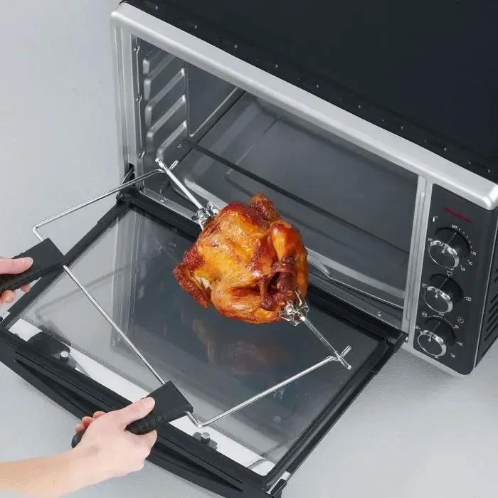 Severin TO2058 Four Multifonction 42 L Chaleur Tournante - 1800 W, Four Posable avec Pierre à Pizza, Tournebroche, Minuteur 120 min, Programmabilité Double Résistance, Noir/Inox