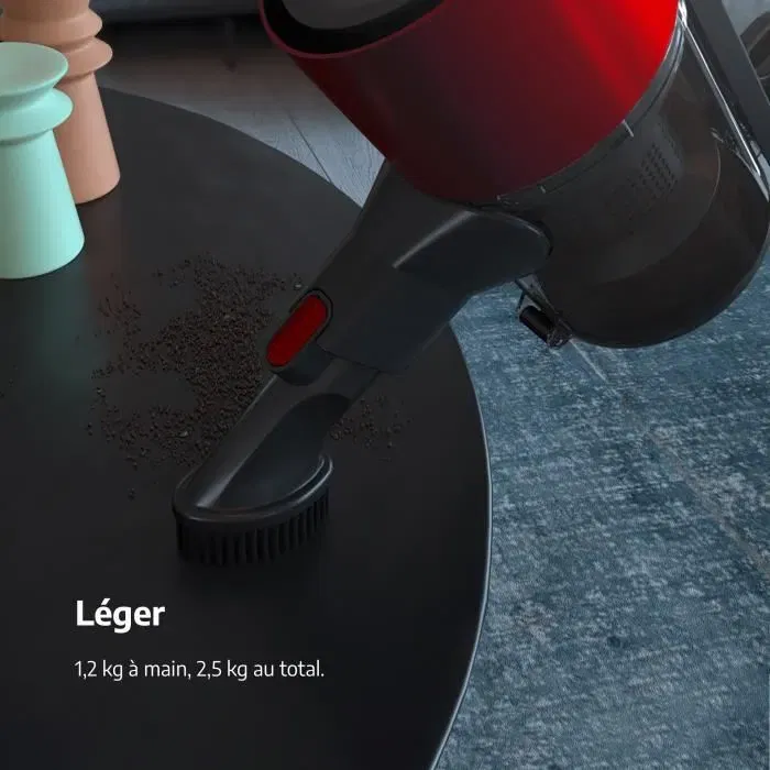 Beko VRT50121VR Aspirateur balai sans sac 25 AirWatts, multifonction rechargeable, technologie cyclonique, brosse rétroéclairée, 45 min autonomie, 2 vitesses, rouge