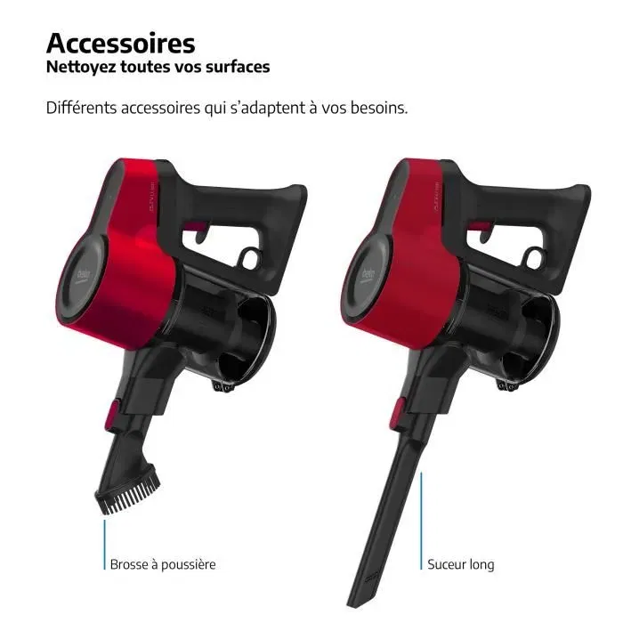 Beko VRT50121VR Aspirateur balai sans sac 25 AirWatts, multifonction rechargeable, technologie cyclonique, brosse rétroéclairée, 45 min autonomie, 2 vitesses, rouge
