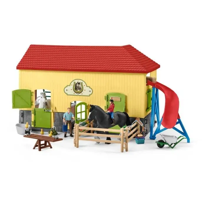 Schleich 42485 - Écurie avec boxes et animaux, coffret de 82 pièces avec chevaux, figurines et outils, jeu de ferme Farm World pour enfants dès 4 ans