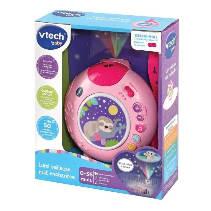VTech Baby Lumi Nuit Enchantée Rose - Veilleuse musicale avec projections lumineuses, berceuses et sons de la nature - Figurine Joyeux le paresseux
