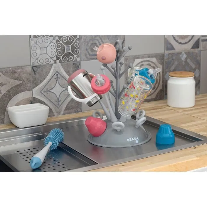 BEABA Egoutte-Biberons Arbre en Plastique Gris - Support de Séchage Hygénique pour 6 Biberons et Accessoires, Lavable au Lave-Vaisselle