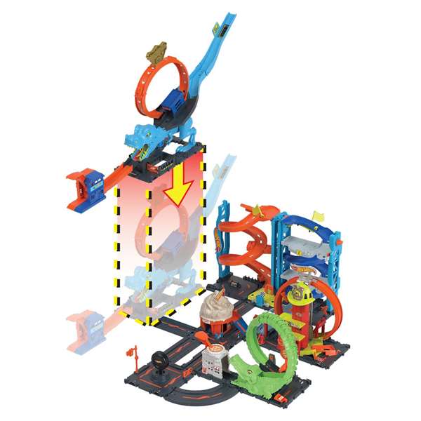 Mattel Hot Wheels - Piste de course City Défi du T-Rex avec lanceur et véhicule - Jeu en espagnol et portugais