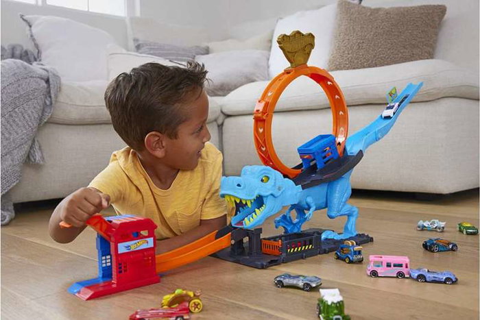 Mattel Hot Wheels - Piste de course City Défi du T-Rex avec lanceur et véhicule - Jeu en espagnol et portugais