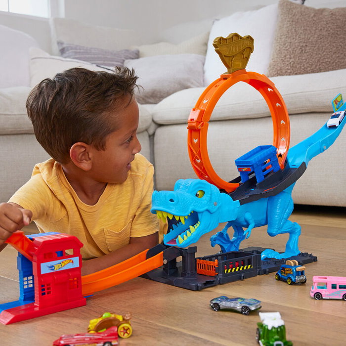 Mattel Hot Wheels City Défi T-Rex avec véhicule et lanceur