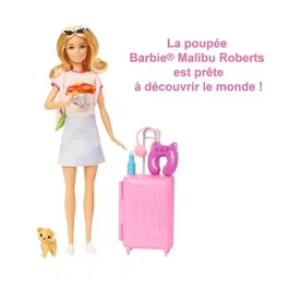 Barbie Coffret Voyage HJY18 avec Poupée, Chiot et 14 Accessoires pour Inventer des Histoires autour du Monde