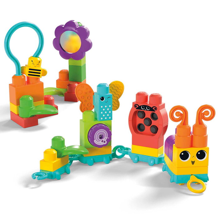 MEGA BLOKS - Train à Chenilles Hkn44 Mega Blocks - 30 Blocs Sensoriels de Construction - Jeu d'Éveil pour Enfants à Partir de 12 Mois