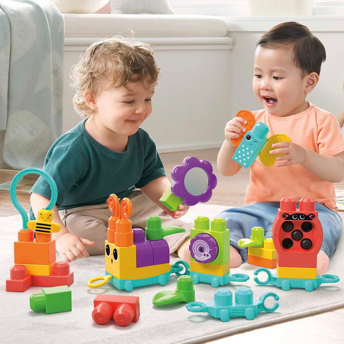 MEGA BLOKS - Train à Chenilles Hkn44 Mega Blocks - 30 Blocs Sensoriels de Construction - Jeu d'Éveil pour Enfants à Partir de 12 Mois