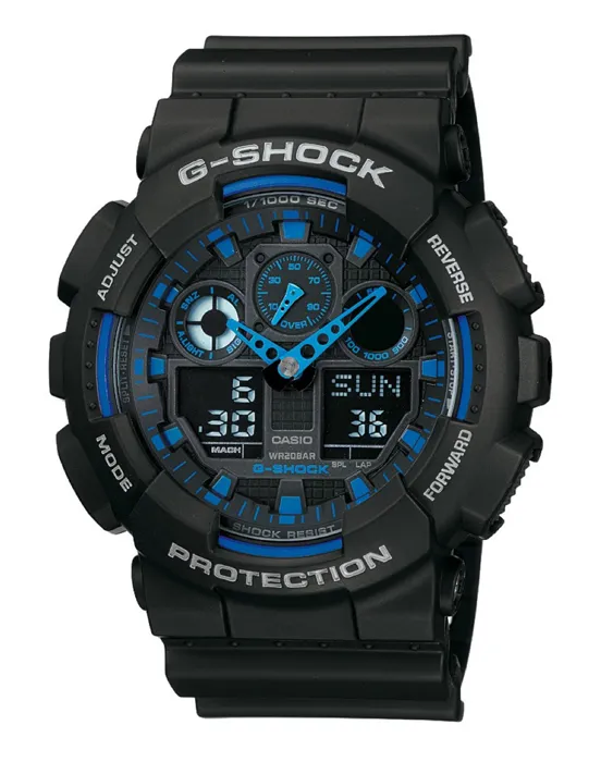 G-SHOCK GA-100-1A2ER Montre digitale sport en résine noire étanche 20 atm, chronomètre, 5 alarmes, verre minéral, éclairage LED - Pour adultes