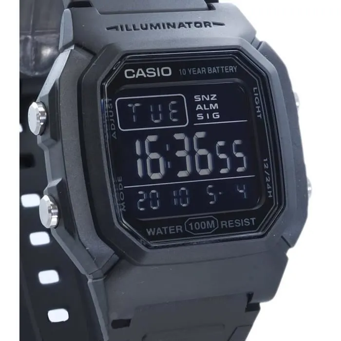 Casio W-800H-1BVES Montre digitale résistante à l'eau 10 bar, boîtier plastique noir 36 mm, bracelet plastique noir, boucle ardillon