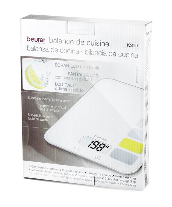 Beurer KS-19 Séquence Balance de Cuisine Électronique avec Écran LCD et Surface en Verre, Fonction Tara, Capacité 5 kg, Blanc